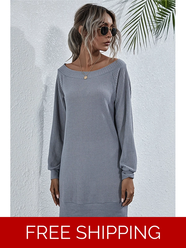 Waffle-Knit Boat Neck Mini Dress